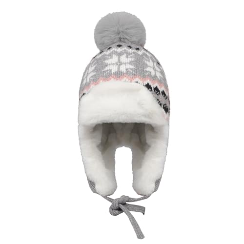 IPENNY Women's Winter Faux Fur Lined Trapper Hat, Warm Knitted Beanie with Pom Pom & Earflaps, Warm Ski Cap for Cold Weather - color: Grey