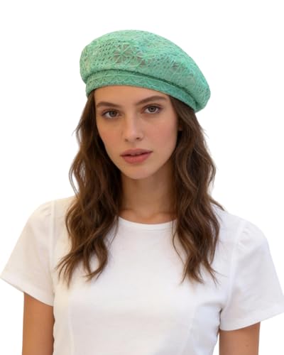 Women Lightweight Beret Floral Hollow Out Hat Breathable French Beret Beanie Hat Cap for Spring Summer - color: Green(floral Lace Pattern 1#)