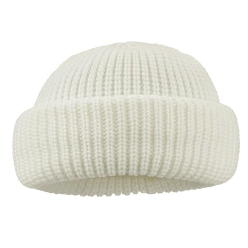 Clakllie Trawler Beanie Watch Hat Knit Cuffed Skullcap Roll-up Edge Stocking Hats Rolled Cuff Knitted Hat Ski Cap - color: Cdus-ddth3-white