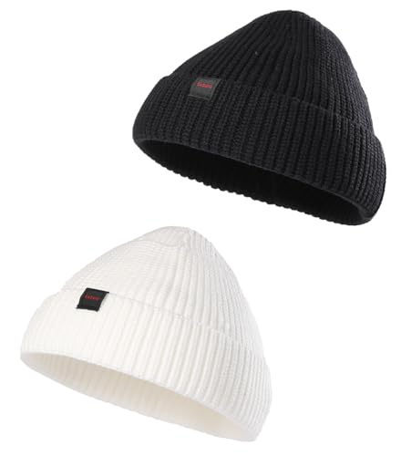 2 Pack Fisherman Beanie Hats for Men Women,Knit Trawler Skull Cap,Watch Cap,Spring Fall Winter Warm Short Hats - color: (Thick Stretchy) 2pcs:black+ivory(m)