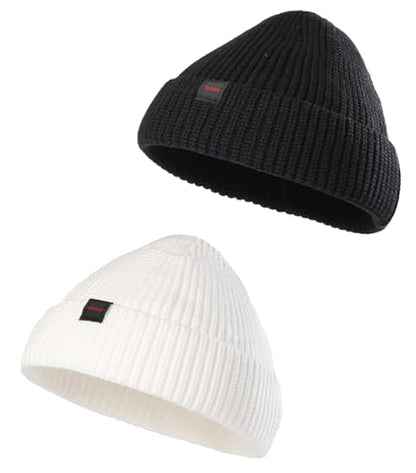 2 Pack Fisherman Beanie Hats for Men Women,Knit Trawler Skull Cap,Watch Cap,Spring Fall Winter Warm Short Hats - color: (Thick Stretchy) 2pcs:black+ivory(m)