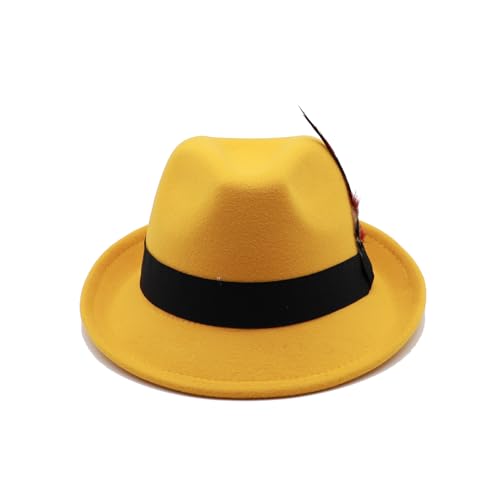 Unisex Trilby Hats Classic Fedora Hats for Women Men Dress Hats Felt Short Brim Fedoras Hat Panama Hat with Band - color: Yellow
