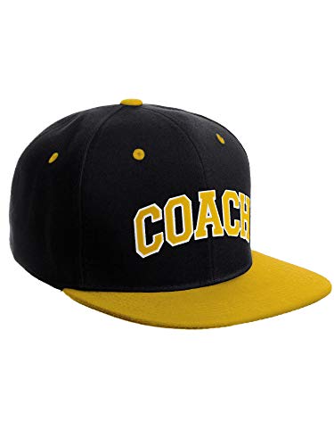 Original Team Coach Snapback Hat Classic Layered Arched Letters Flat Bill Cap - color: Black Gold Hat White Gold Letters