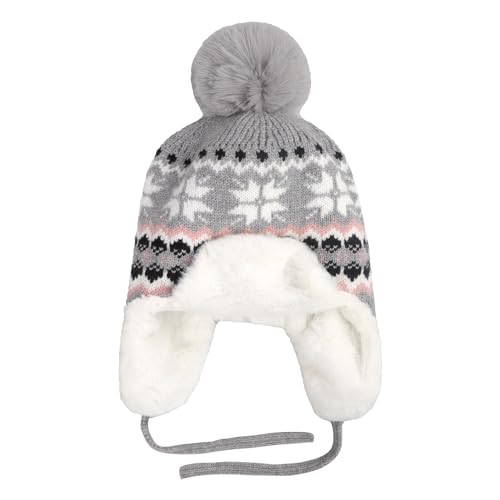 IPENNY Women's Winter Faux Fur Lined Trapper Hat, Warm Knitted Beanie with Pom Pom & Earflaps, Warm Ski Cap for Cold Weather - color: Grey