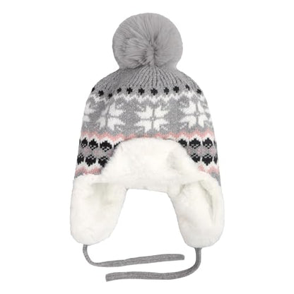 IPENNY Women's Winter Faux Fur Lined Trapper Hat, Warm Knitted Beanie with Pom Pom & Earflaps, Warm Ski Cap for Cold Weather - color: Grey