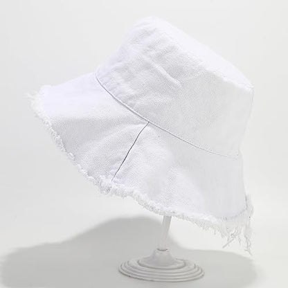 Quanhaigou Frayed Unisex Sun Hats, Fashion Beach Bucket Hat for Men Women,Summer Outdoor Boy's Girls Boonie Cap - color: Frayed White