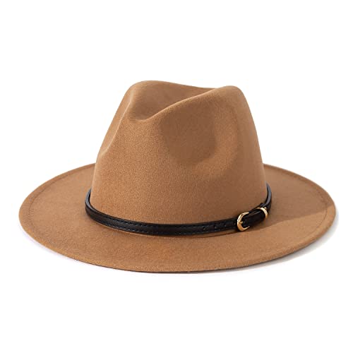 Lisianthus Women Classic Felt Fedora Wide Brim Hat with Belt Buckle - color: Q Black Belt-khaki