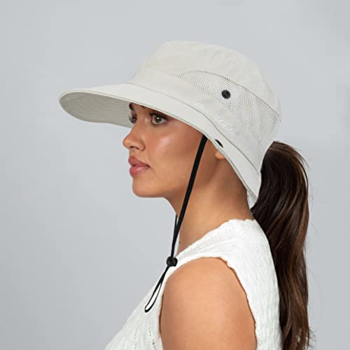 Sun Hat for Women Summer UV Protection Beach Hat with Ponytail Hole - color: Beige(with Ponytail Hole)