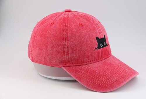 Peeking Black Cat Embroidered Washed Baseball Cap, Adjustable Vintage Dad Hat for Cat Lovers Unisex - color: Watermelon Red