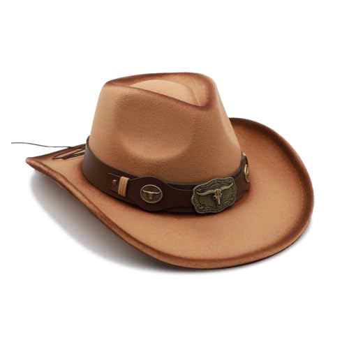 Western Cowboy Hat for Men Cowgirl Hat for Women Unisex Wide Brim Felt Fedora Hats Classic Cowboy Hats - color: Khaki-coffee