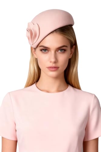 HIMESPORT Wool Felt Fascinator Hats for Women Ladies Female Wedding Cocktail Tea Party Dress Pillbox Hat - color: Pink 1