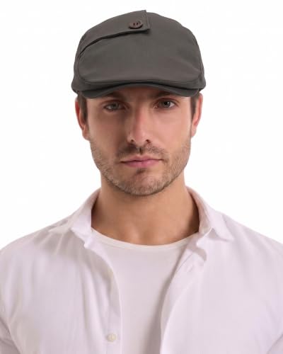 ZLYC Men Cotton Flat Cap Summer Scally Newsboy Beret Driver Hat - color: Button Decor Gray