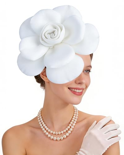 Zinniday Rose Flower Fascinators Hats - 2026 Elegant Extra Large Fascinator Hat Rose Cocktail Headpiece for Women Church - style: White Large Flower