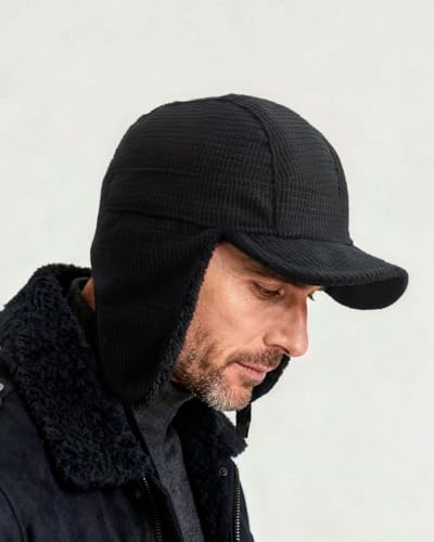CLAPE Winter Hat with Ear Flap, Sherpa Fleece Lined Warm Adjustable Drawstring Soft Brim Trapper Hat for Men Women - color: Pl2505-black