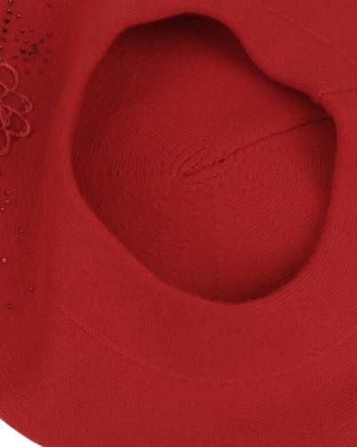 Women's Floral Knit Beret Hat, French Style Winter Cap with Rhinestones - color: Red