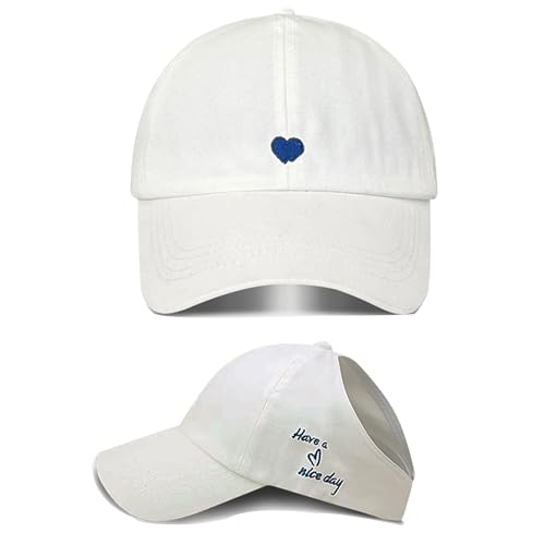 Sun Visor for Women High Ponytail Sun Hats Sports Running Heart Embroidered Veelcro Golf Beach Cap - color: White