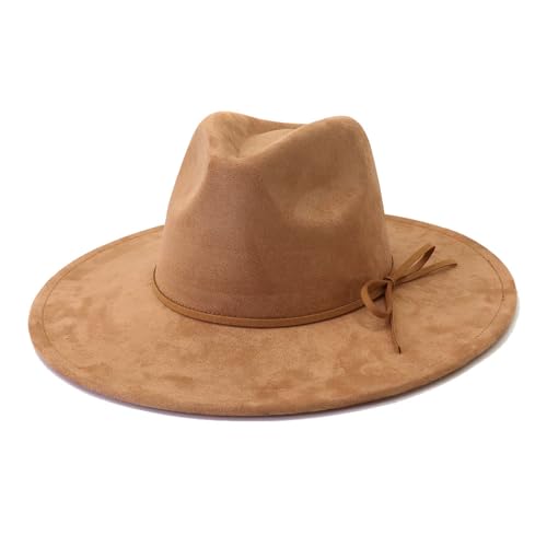Fedora Hats for Women Man with Big Wide Brim Classic Suede Panama Hat Western Outdoor hat - color: Camel