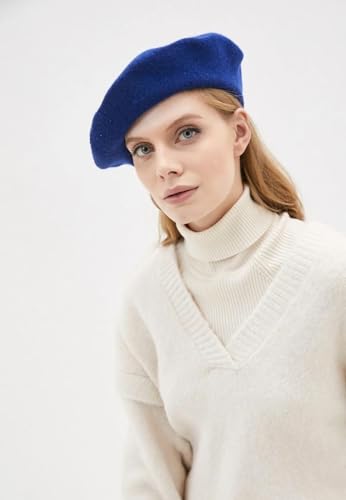 Women French Wool Beret Hats - Solid Color Classic Beanie Winter Cap - color: Royal Blue
