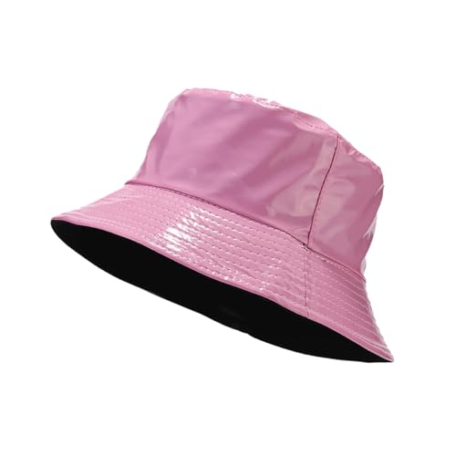 yolrdiw Unisex Fashion PU Leather Bucket Hat Glossy Reversible Rain Waterproof Fishmen Cap - color: Pink