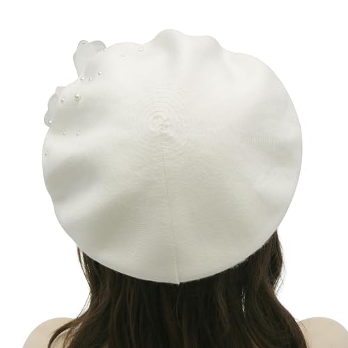 ZLYC Women French Beret Hat Reversible Solid Color Mosaic Warm Artist Cap - color: Butterfly White