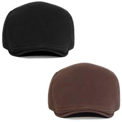 2 Pack Newsboy Cap for Men Women Flat Cap Beret Ivy Cabbie Hat - color: Black + Brown