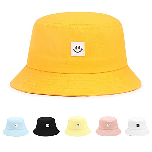 Kids Sun Hat Smile Face Bucket Hat for Girls Boys Summer Sun Protection Cotton Unisex Beach Cap - color: Bright Yellow
