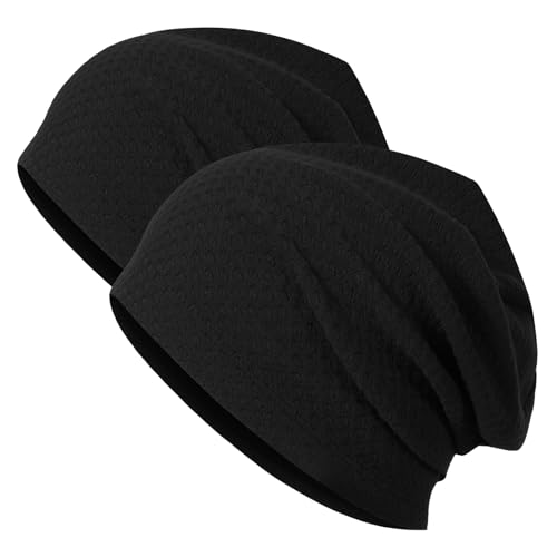 2 Pack Spring Slouchy Beanie for Men Women Lightweight Stacked Skull Cap Chemo Cap Night Sleeping Hat - color: Black+black
