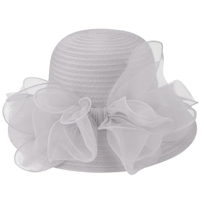DRESHOW Lady Derby Dress Church Bowler Cloche Hat Bowknot Organza Bridal Cap for Wedding - color: 1 Pack Bowler Hat: Light Grey