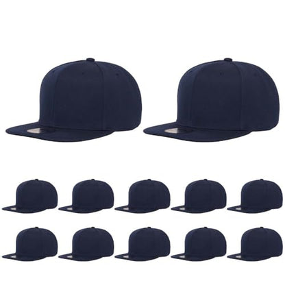ZH Plain Flat Brim Snapback Baseball Caps Adjustable Blank Baseball Caps Wholesale 12 Pack - color: Navy Blue