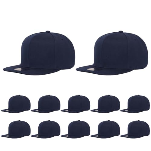 ZH Plain Flat Brim Snapback Baseball Caps Adjustable Blank Baseball Caps Wholesale 12 Pack - color: Navy Blue