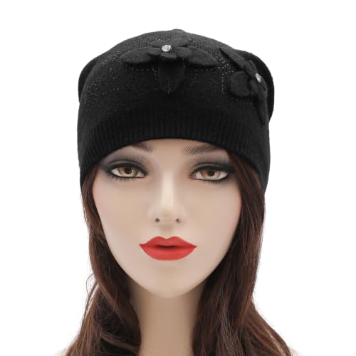 ZLYC Women Floral Slouchy Beanie Hat Double Layer Winter Knit Skull Cap - color: Dual Flowers Black