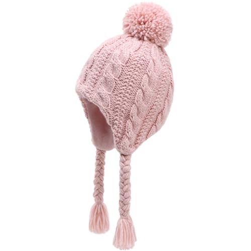 Winter Peruvian Hat Earflap Fleece Lined Girls Knit Beanie 3-10T - color: 1a-pink, size: 3-5T