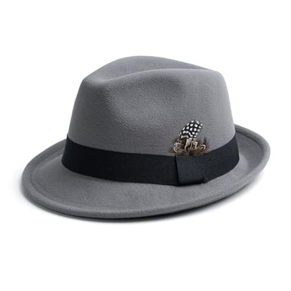 Short Brim Fedora Hat for Men Women Felt Trilby with Feather - color: Light Grey