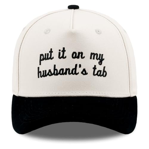 Funny Embroidered Trucker Hat, Vintage Two-Tone Cotton Baseball Cap for Men Women, Adjustable Dad Hat Gift Idea - color: Put It on My Husband's Tab, Black/Beige