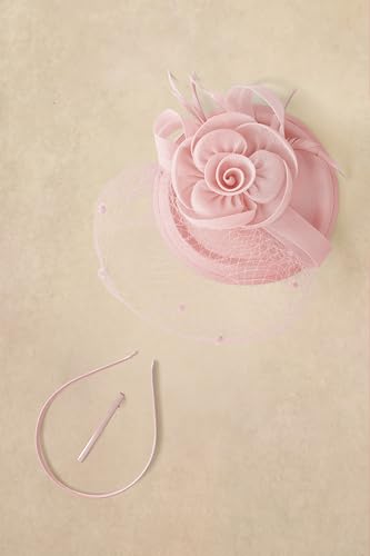 BABEYOND Fascinators Hats for Women Flower Veil Feather Pillbox Derby Hat - color: Light Pink