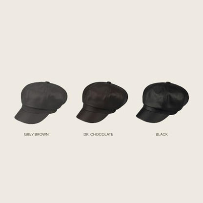 C.C Knitted Newsboy Cap for Women – Soft Knit Hat with Adjustable Velcro, Lightweight Warm Winter Style - color: Faux Leather-gery Brown