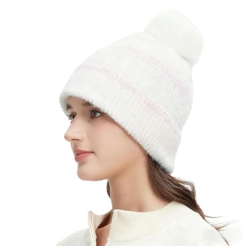 Women‘s Slouchy Knitted Beanie with Pom - Fleece Lined, Ribbed Cap with Stripes - color: White