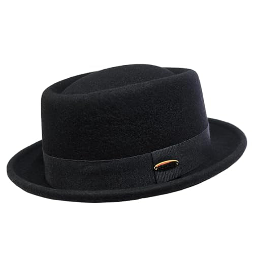 Wool Pork Pie Hat for Men Women, Vintage Fedora Hats 100% Wool Felt Short Brim Porkpie Hat Gentleman Jazz Trilby Hats Unisex - color: Black, size: Small