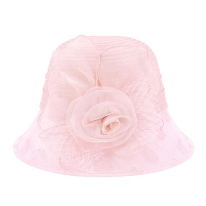 Haoohu Women's Church Derby Hat Wide Brim Bow Bucket Hat Wedding Dress Hat Fascinator Bridal Tea Party Hat - color: Tm Light Pink