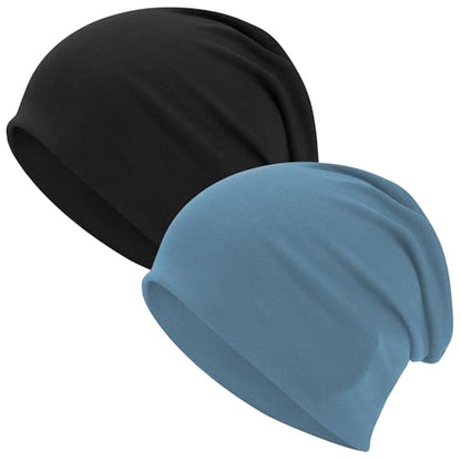 ROYBENS 100% Cotton T-Shirt Beanie for Women Men Slouchy Soft Skull Cap - color: 2pcs-black, Light Blue
