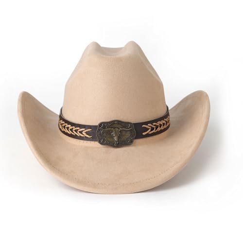 Western Cowboy Hat for Women Men Retro Suede Hat - color: Camel-square Bull Buckle