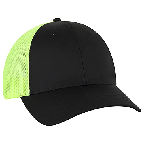 Ashen Fane 6 Panel Blend Twill Structured Low Profile Mesh Back Snapback Trucker Hat - color: Blk/Blk/N.grn