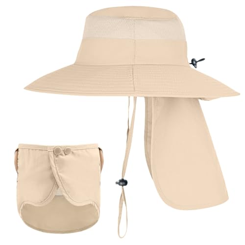 ZOORON Sun Hats for Men Women with Neck Flap Fishing UPF 50+ UV Protection - color: Beige (With Face Cover)