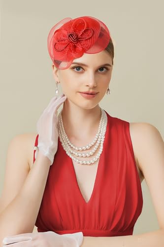 BABEYOND Fascinators Hats for Women Tulle Pillbox Knot Bead Tea Party Hat - color: Red