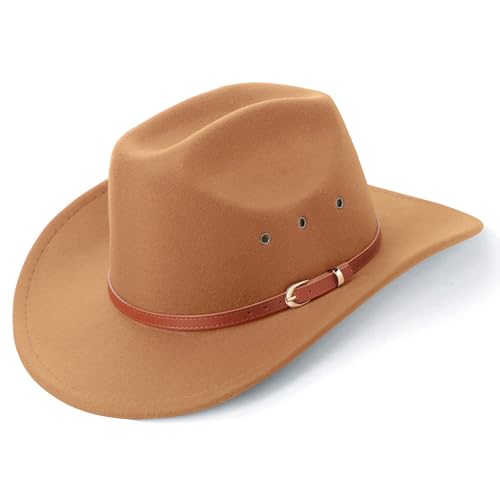 AQOKKA Western Cowboy Hats for Women Classic Felt Wide Brim Fedora Hat with Belt Buckle Retro Panama Hat Unisex Rolled up Cap - color: K-fedora Hat : Camel, size: Medium