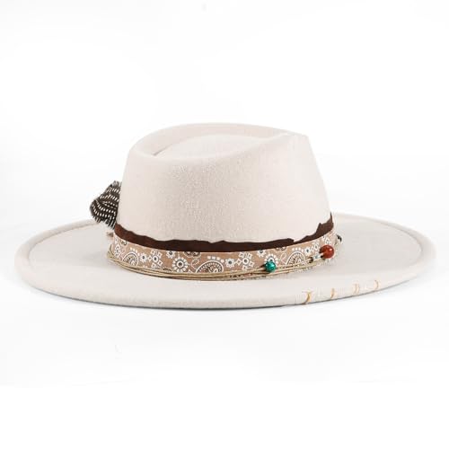 Big Brim Fedora Mens Women Boho Hat Handmade Dress Up Hats - color: Beige