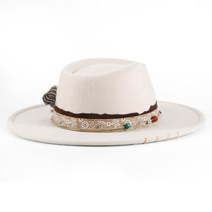 Big Brim Fedora Mens Women Boho Hat Handmade Dress Up Hats - color: Beige