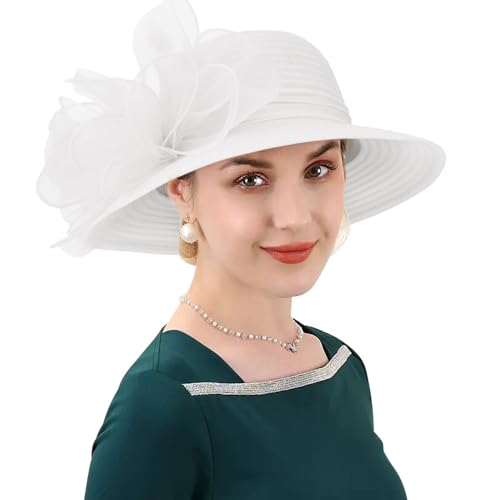 DRESHOW Lady Derby Dress Church Bowler Cloche Hat Bowknot Organza Bridal Cap for Wedding - color: 1 Pc: White a