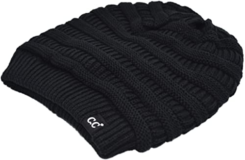 C.C Beanie Oversized Hat with Fuzzy Lining – Thick Knit Thermal Beanie for Cold Weather, Soft Warm Fleece Lined Cap - color: Black