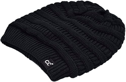 C.C Beanie Oversized Hat with Fuzzy Lining – Thick Knit Thermal Beanie for Cold Weather, Soft Warm Fleece Lined Cap - color: Black